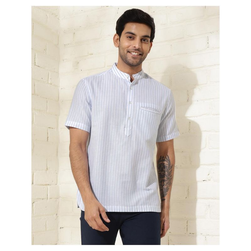 Fabindia Men White Cotton Mandarin Neck Stripes Printed Shirt (XS)