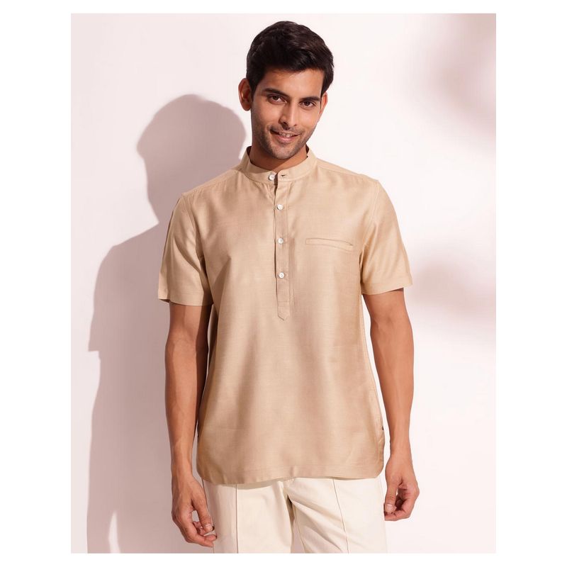 Fabindia Men Beige Viscose Mandarin Neck Solid Woven Shirt (XS)