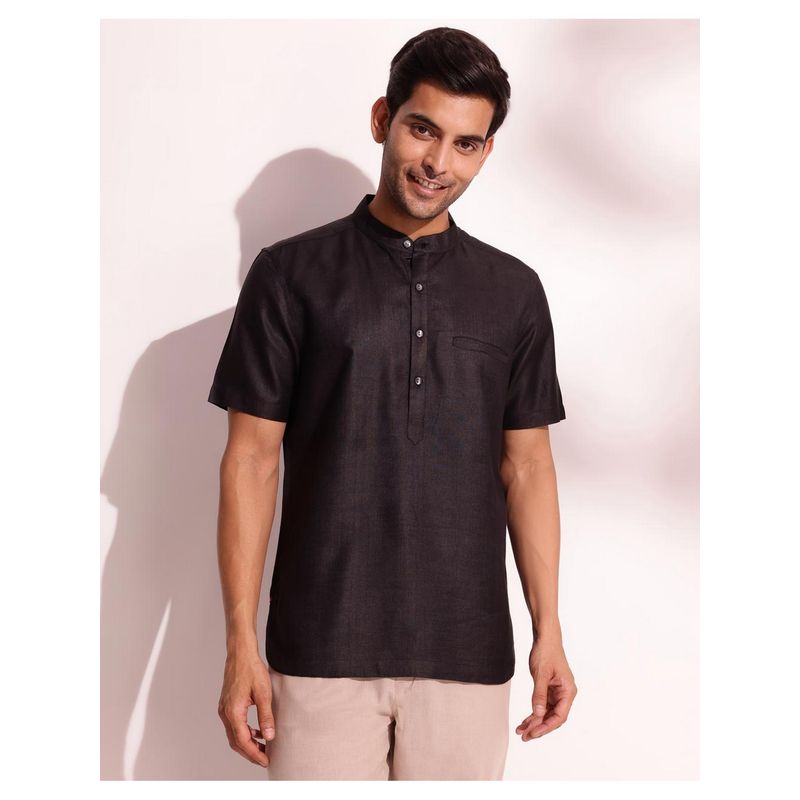 Fabindia Men Black Viscose Mandarin Neck Solid Woven Shirt (XS)