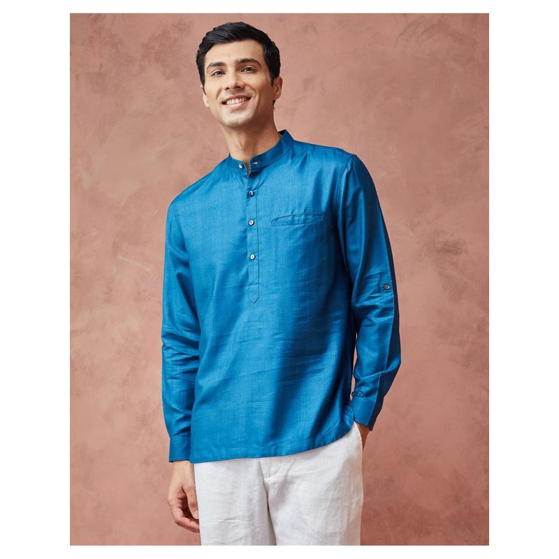 Fabindia Men Blue Viscose Mandarin Neck Woven Shirt (S)