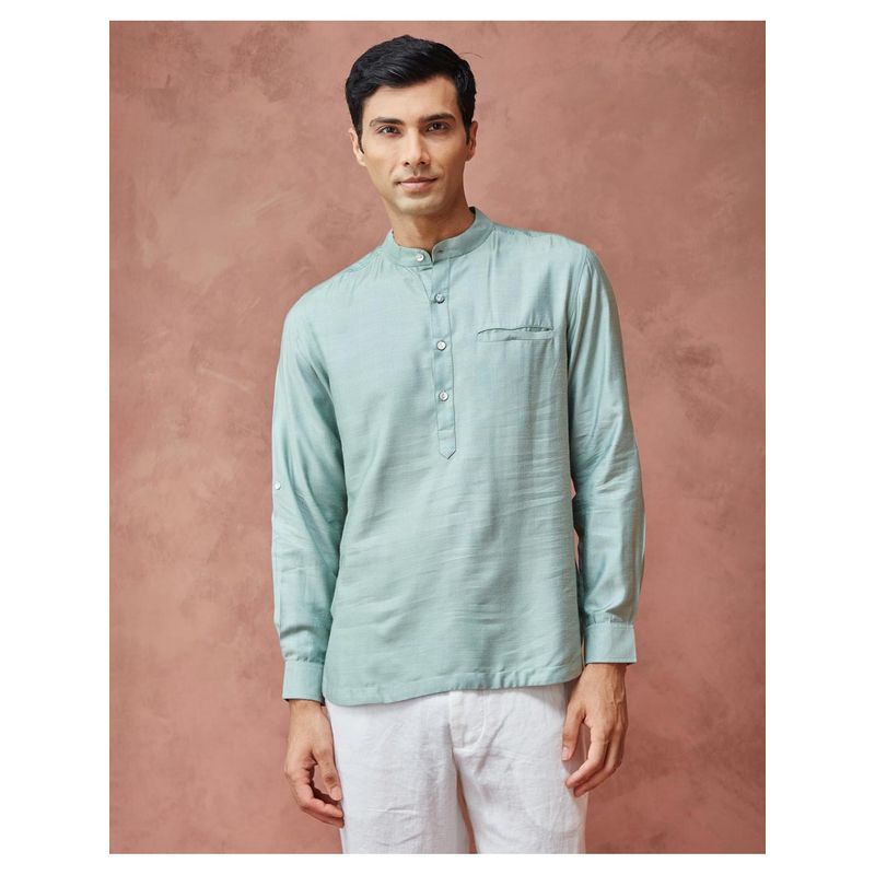 Fabindia Men Green Viscose Mandarin Neck Woven Shirt (S)