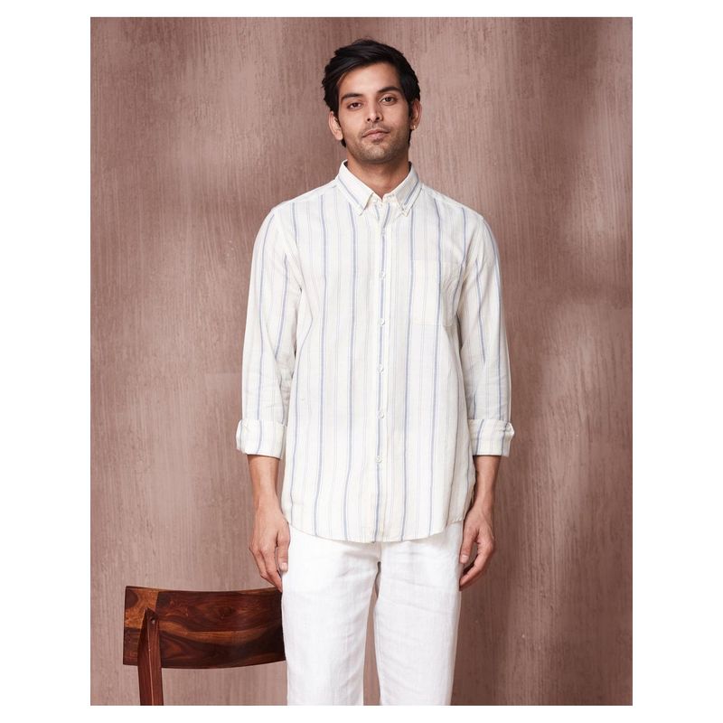 Fabindia White Cotton Collar Neck Stripes Printed Shirt (XS)