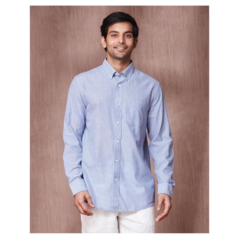Fabindia Men Blue Cotton Collar Neck Stripes Printed Shirt (XS)