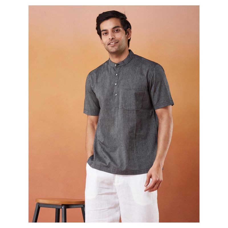 Fabindia Men Black Cotton Mandarin Neck Stripes Printed Shirt (XS)