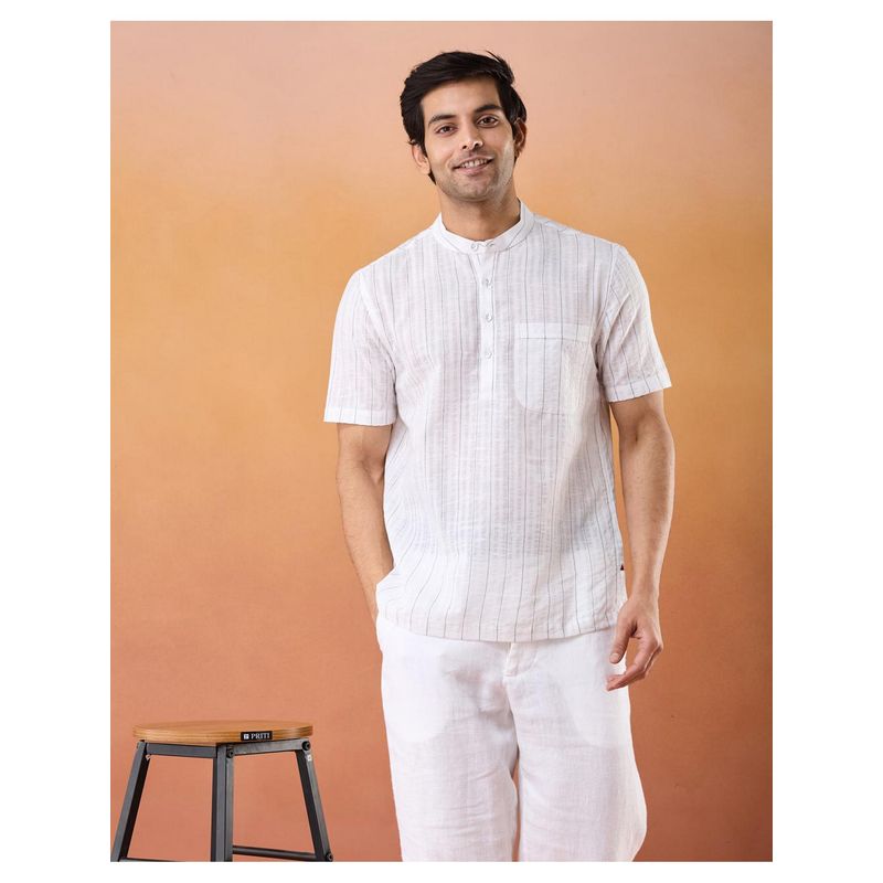 Fabindia White Cotton Mandarin Neck Stripes Printed Shirt (XS)