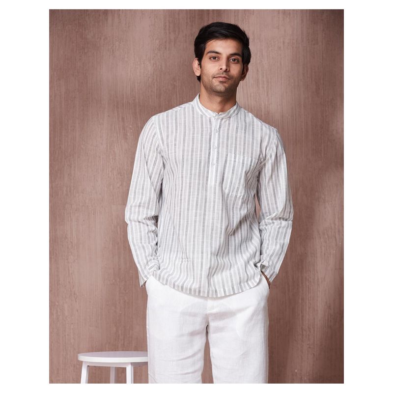 Fabindia Men White Cotton Mandarin Neck Stripes Printed Shirt (XS)