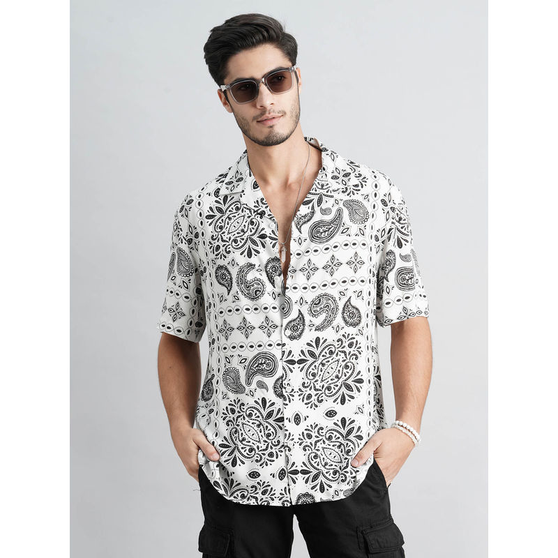 ROOKIES Men White Half Sleeves Slim Fit Rayon Printed Shirt (M)