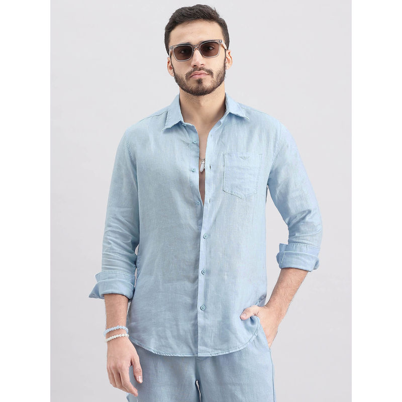 ROOKIES Men Blue Full Sleeves Slim Fit Lenin Shirt (S)