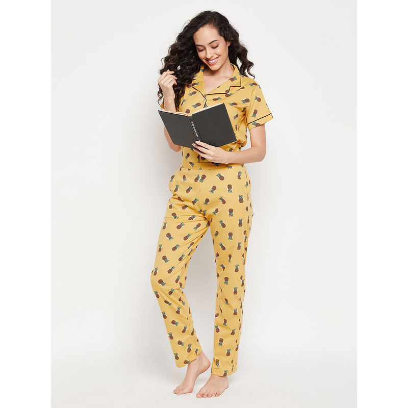 Clovia Tutti Fruity Button Me Up Shirt & Pyjama Set In Yellow - Cotton (3XL)