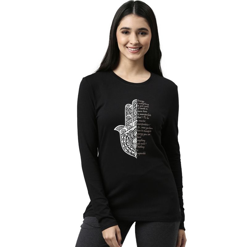 Enamor Womens Essentials E057-Long Sleeve Round Neck Cotton Lounge Tshirt-Jet Black (L)