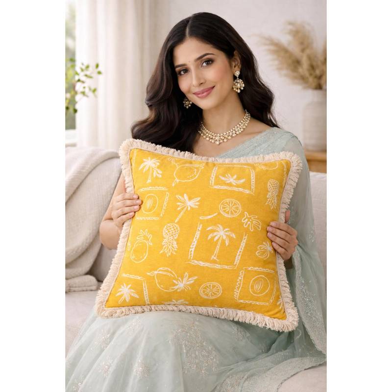 THROW PILLOW Yellow Palm Fringe Cushion Cover (12 x 12 Inches)