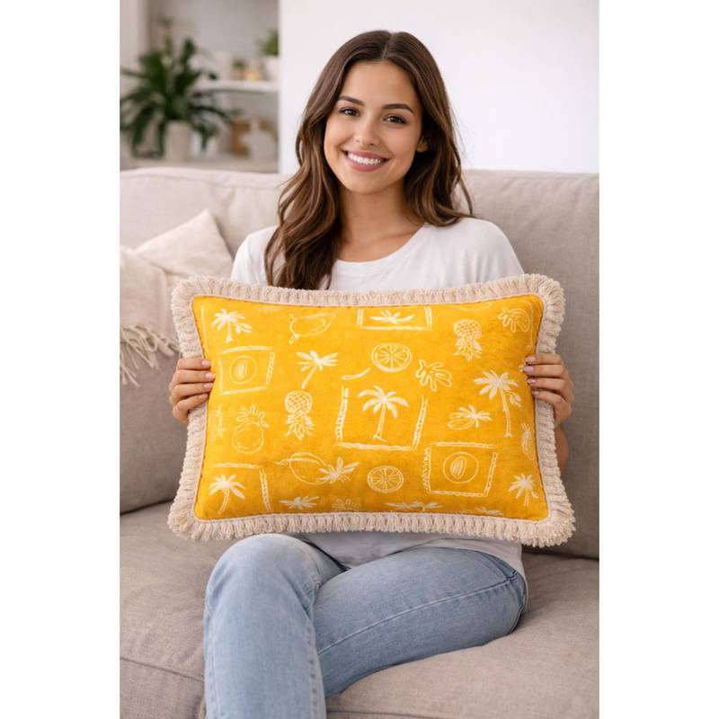 THROW PILLOW Yellow Palm Fringe Cushion Cover (12 x 18 Inches)