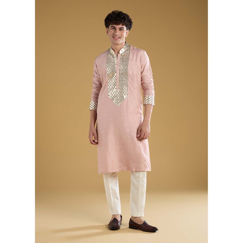KALKI FASHION Men Pink Mandarin Neck Kurta With Pant (M)