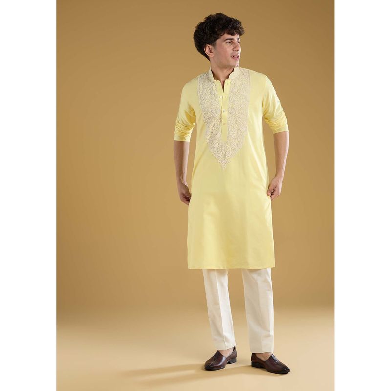 KALKI FASHION Men Yellow Mandarin Neck Kurta With Pant (L)