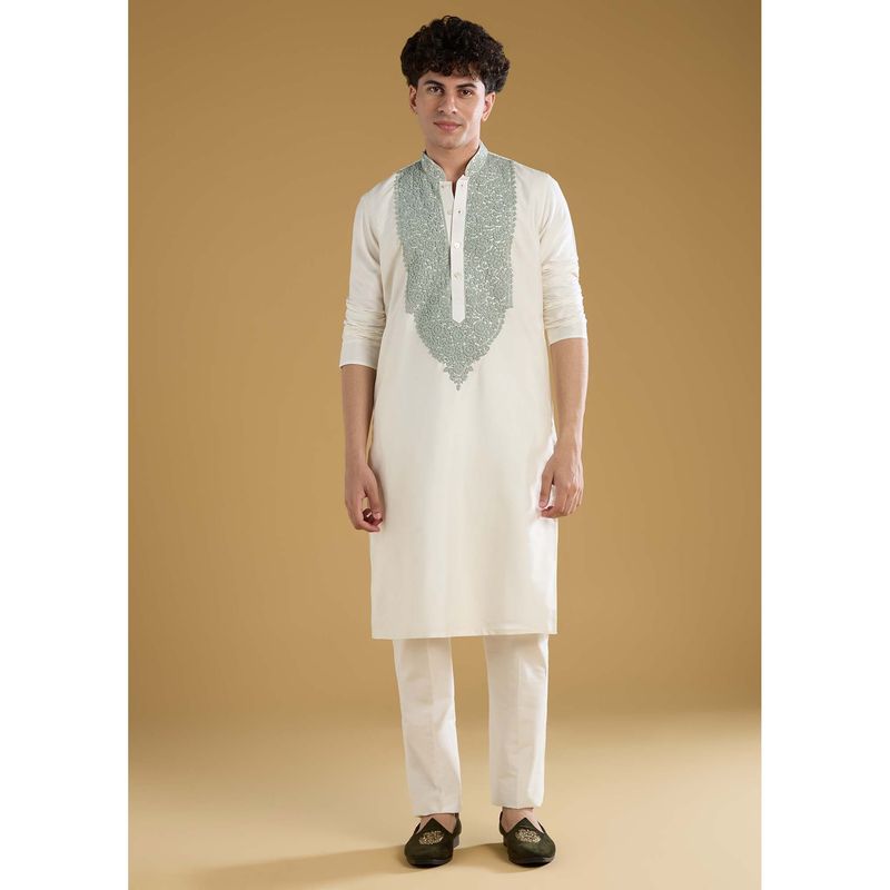 KALKI FASHION Men Off White Mandarin Kurta With Pant (M)