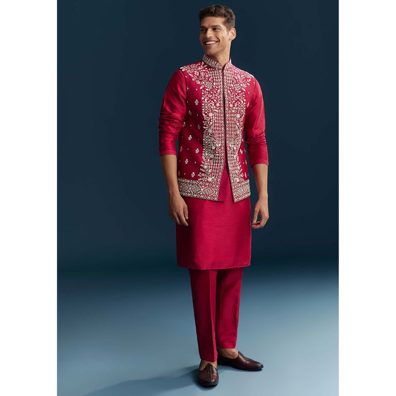 KALKI FASHION Men Pink Mandarin Neck Kurta Jacket With Pant (XL)