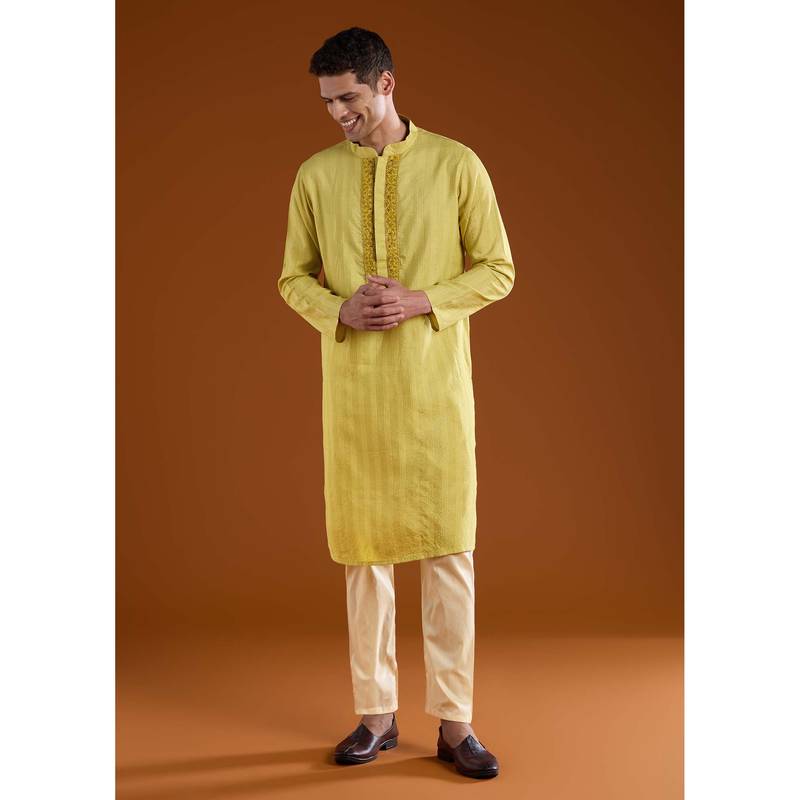 KALKI FASHION Men Green Mandarin Neck Kuurta with Pant (L)