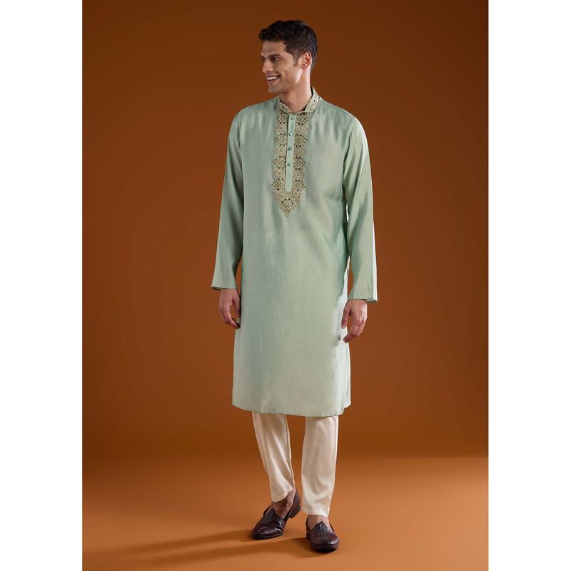 KALKI FASHION Men Green Mandarin Neck Kurta With Pant (L)