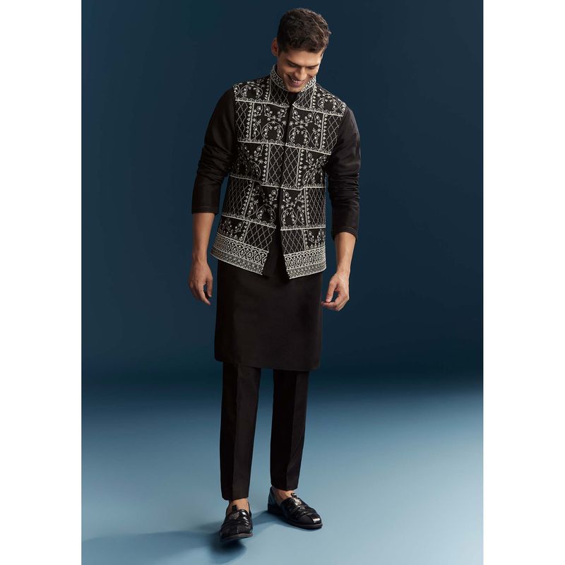 KALKI FASHION Men Black Mandarin Neck Kurta Jacket With Pant (L)
