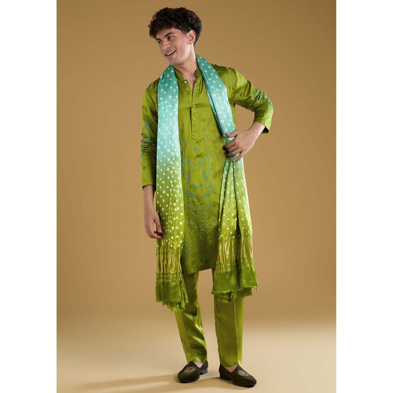 KALKI FASHION Men Green Mandarin Neck Kurta Dupatta With Pant (M)