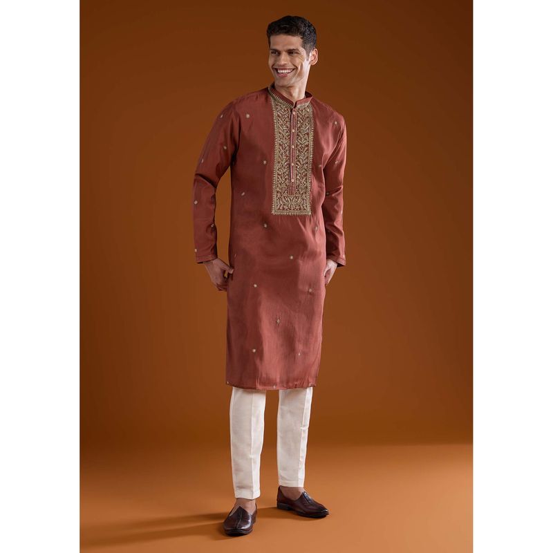 KALKI FASHION Men Red Mandarin Neck Kurta With Pant (L)