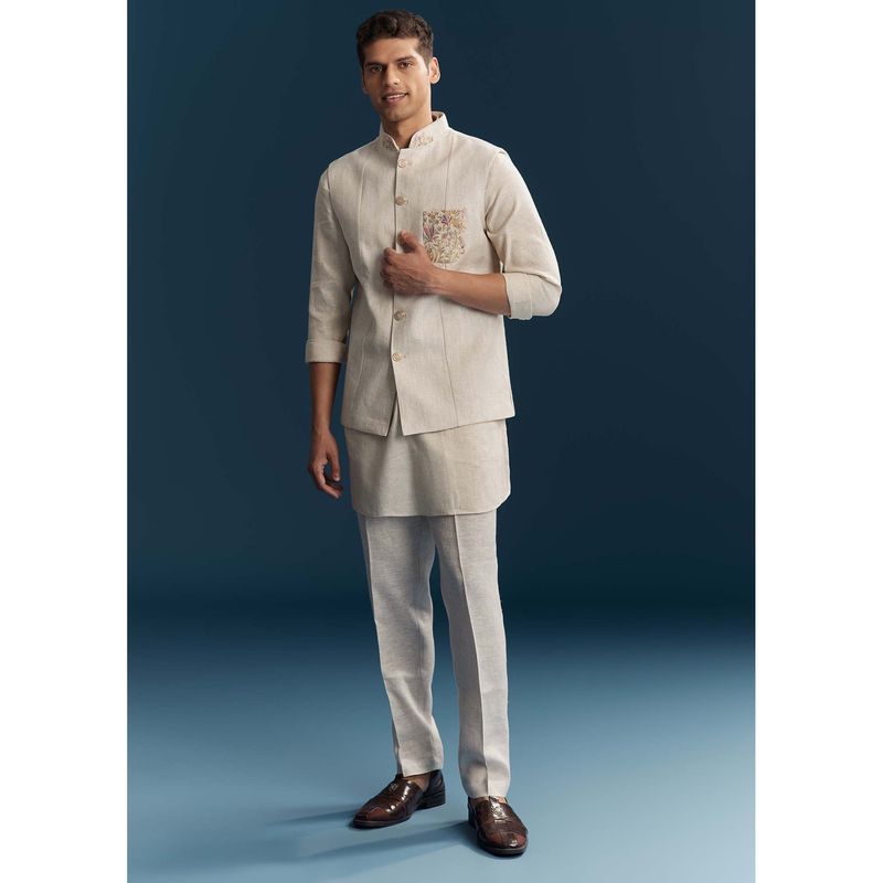 KALKI FASHION Men Beige Mandarin Neck Kurta Jacket With Pant (M)