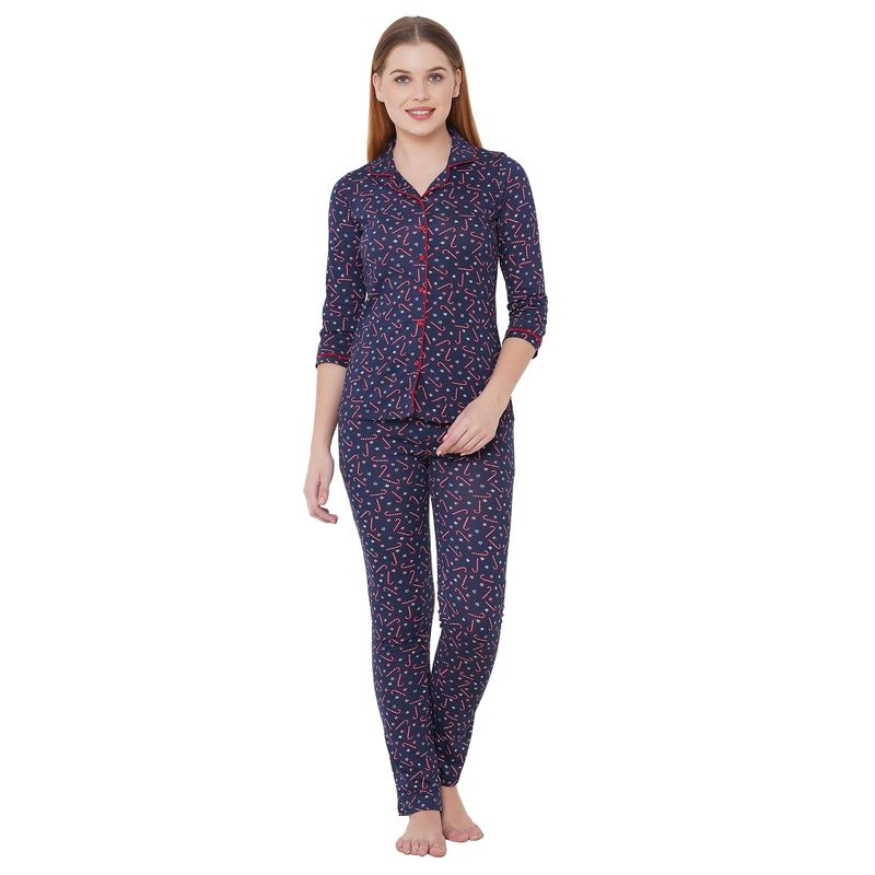 Sweet Dreams Women's Floral Print 3/4th Sleeve Front Open Cotton Rich Top Pyjama Set Blue