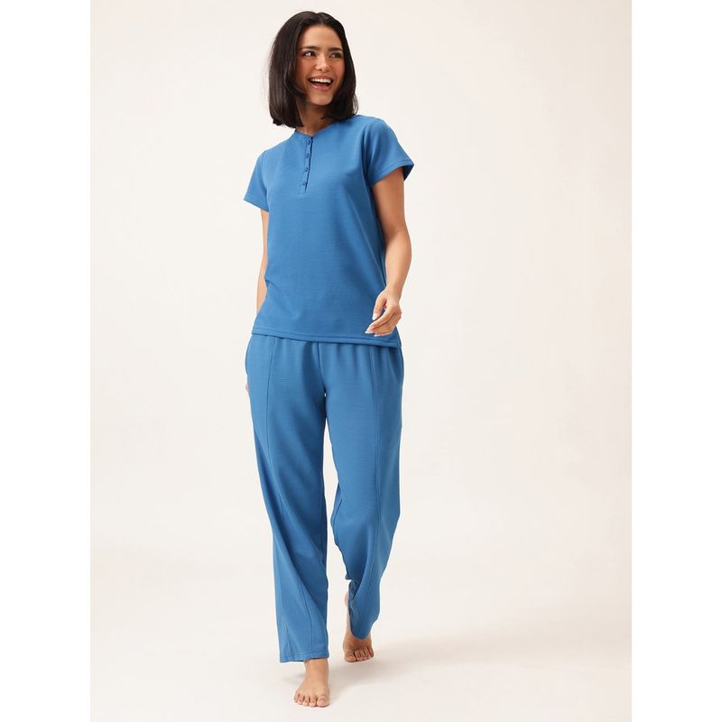 Clovia Women Blue Textured Top with Pyjama (Set of 2) (S)