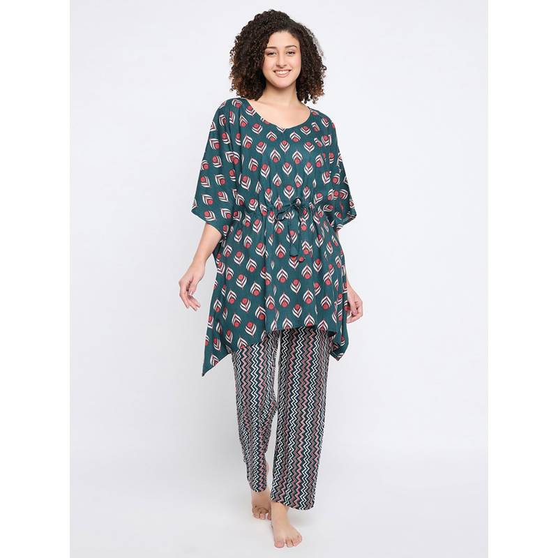 Clovia Women Teal Printed Top with Pyjama (Set of 2) (S)
