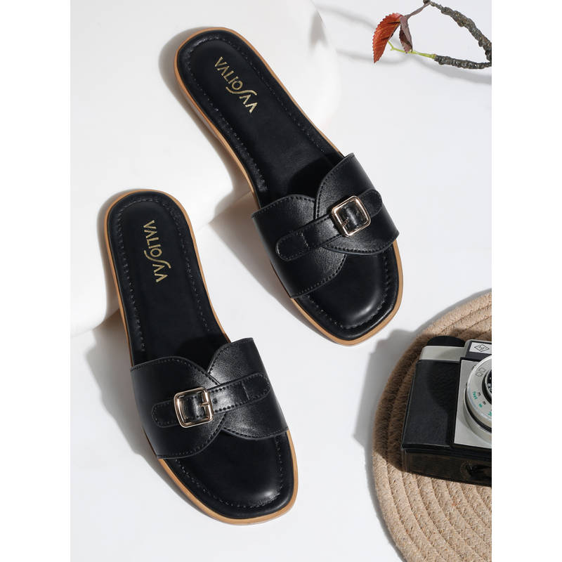 VALIOSAA Women Black Square Toe Casual Flats (EURO 36)