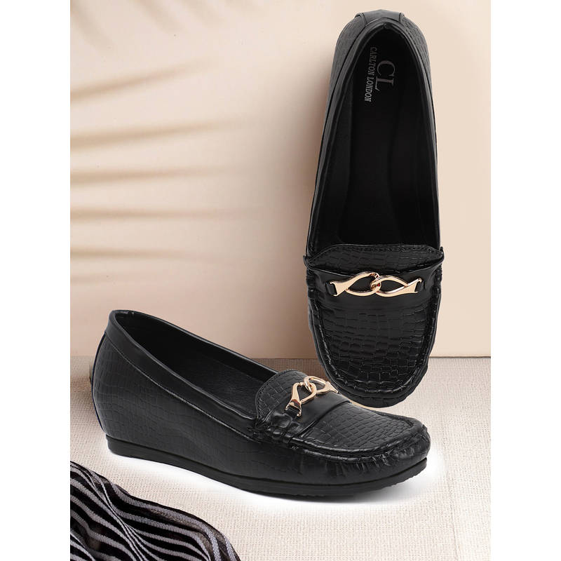 Carlton London Women Black Casual Slip-On Gold Chain Detail Loafers (EURO 36)