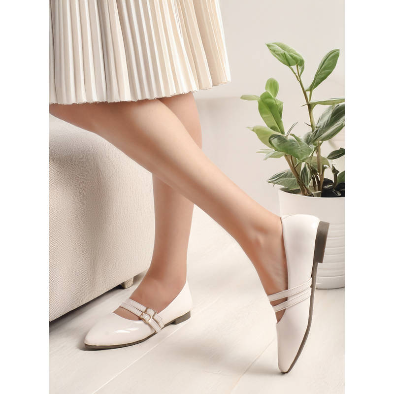 ELLE Women White Double-Strap Pointed-Toe Mary Jane Flats (EURO 41)