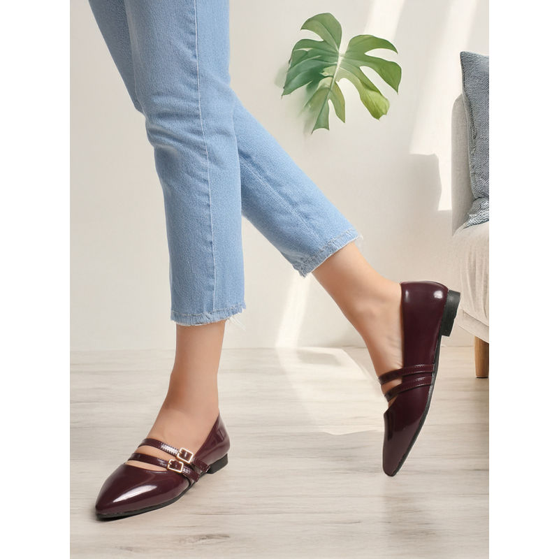 ELLE Women Wine Double-Strap Pointed-Toe Mary Jane Flats (EURO 36)