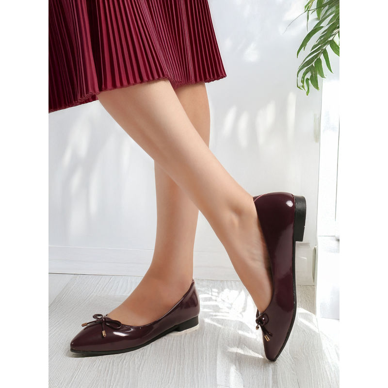 ELLE Women Wine Bow-Embellished Pointed-Toe Slip-On Flats (EURO 36)