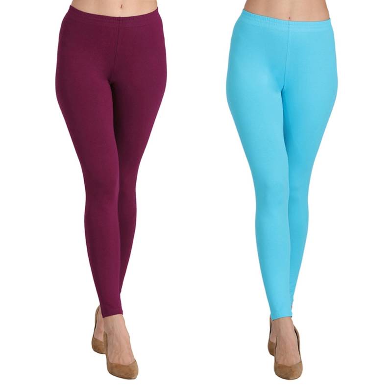 Groversons Paris Beauty Ankle Length Women's Solid Leggings Pack Of 2 - Wine, Blue (M)