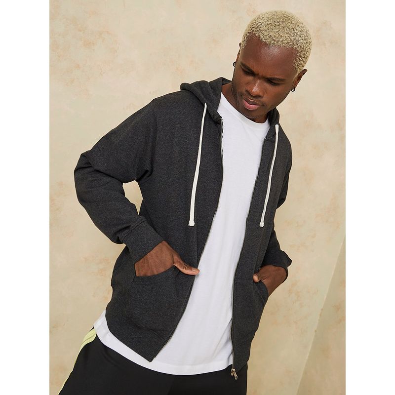 Styli Charcoal Front Zip Hoodie with Contrast Drawstring Detail (XL)
