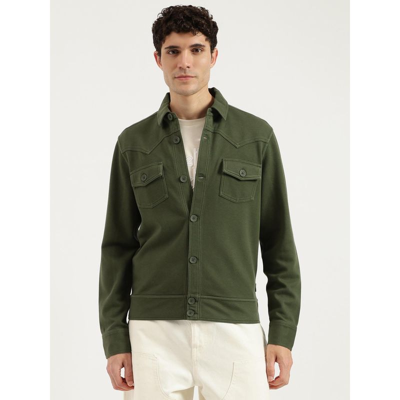 United Colors of Benetton Men Green Regular Fit Solid Twill Knit Washed Jacket (L)