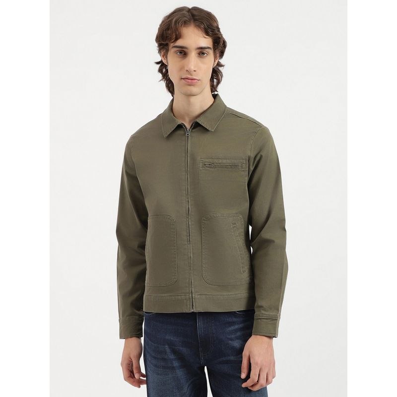 United Colors of Benetton Men Olive Regular Fit Solid Washed Cotton Twill Jacket (XL)