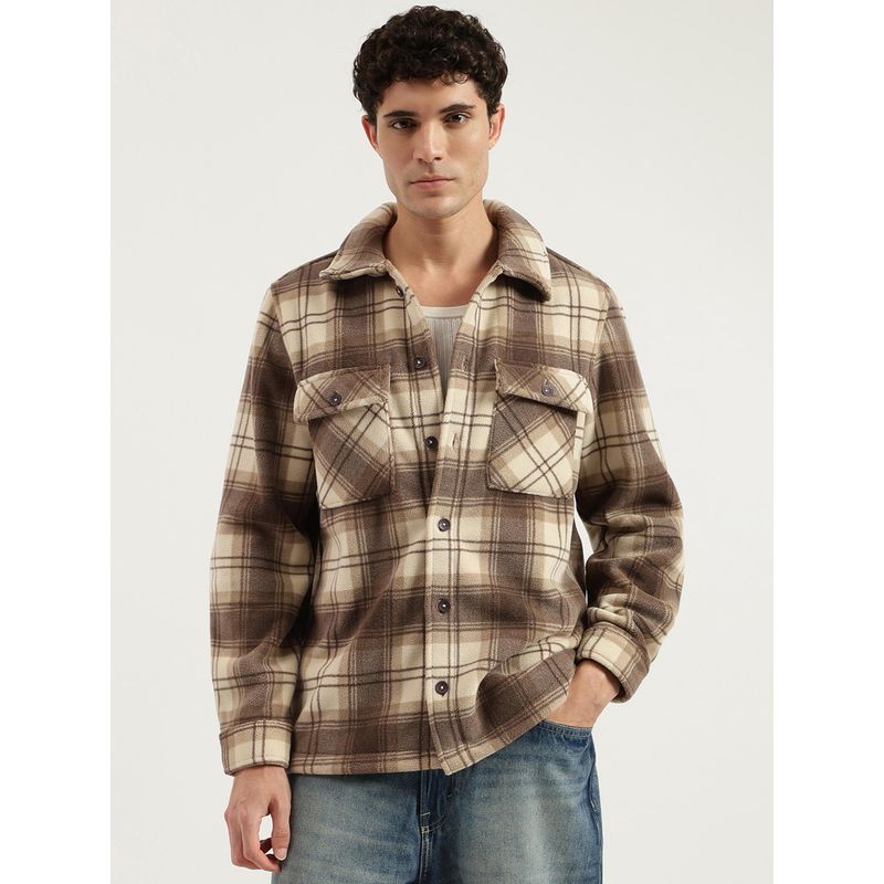 United Colors of Benetton Men Brown Regular Fit Checks Double Pocket Shacket (S)
