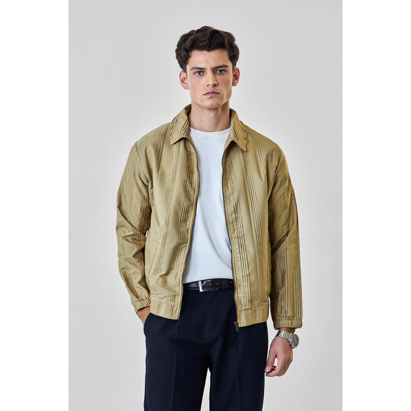 Snitch Men Beige Pleated Full Sleeves Relaxed Fit Casual Jacket (M)