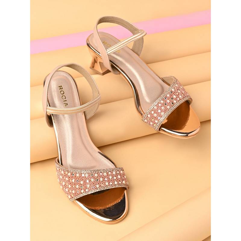 ROCIA By Regal Rose Gold Women Pearl Embellished Block Heel Sandals (EURO 38)
