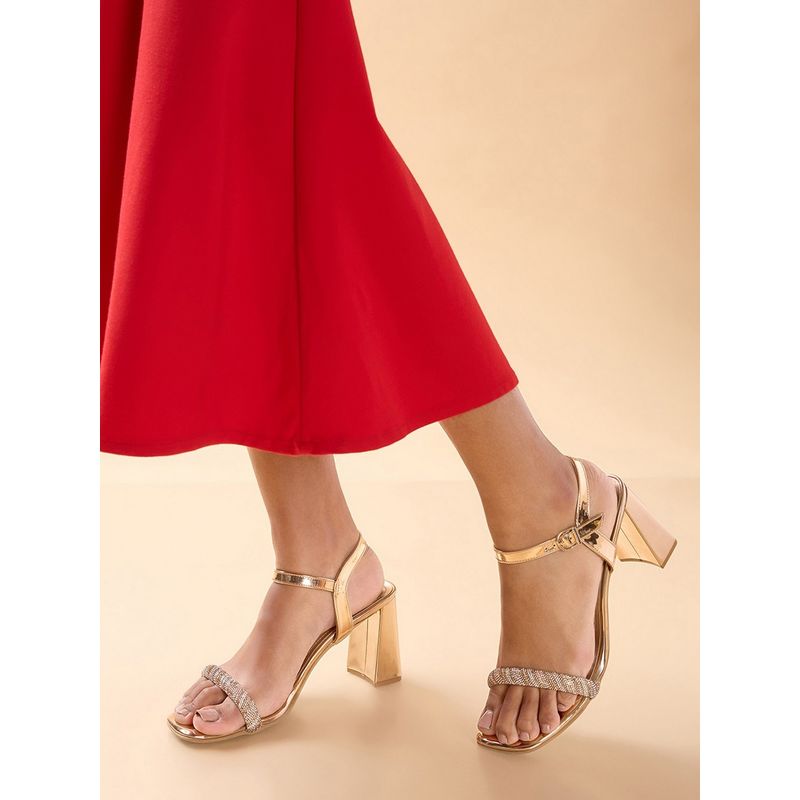 ROCIA By Regal Rose Gold Women Diamond Embellished Mid Block Heel Sandals (EURO 36)