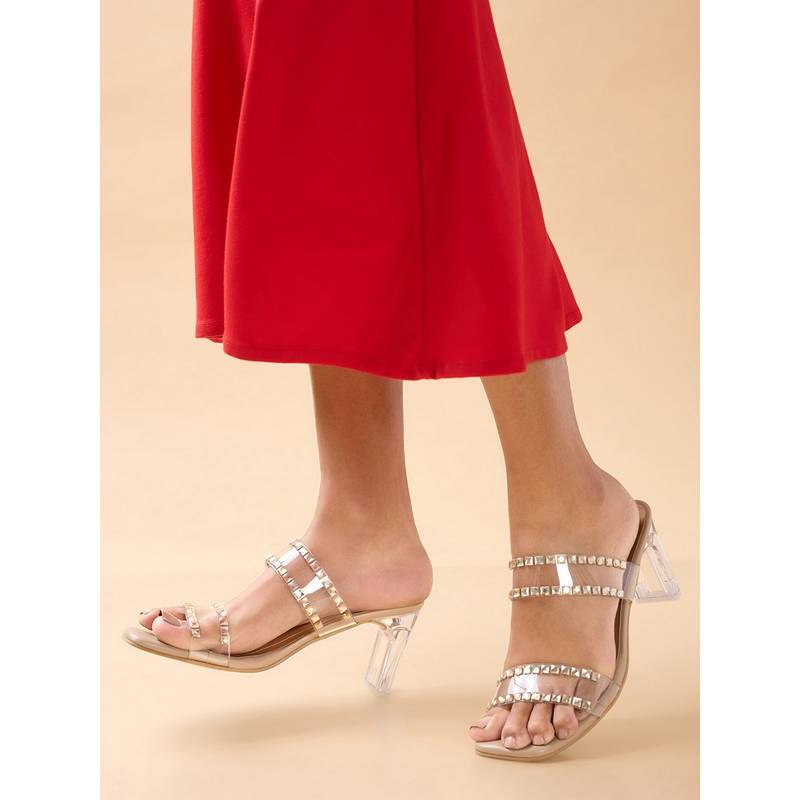 ROCIA By Regal Beige Women Vinyl Diamond Studded Block Heel (EURO 36)