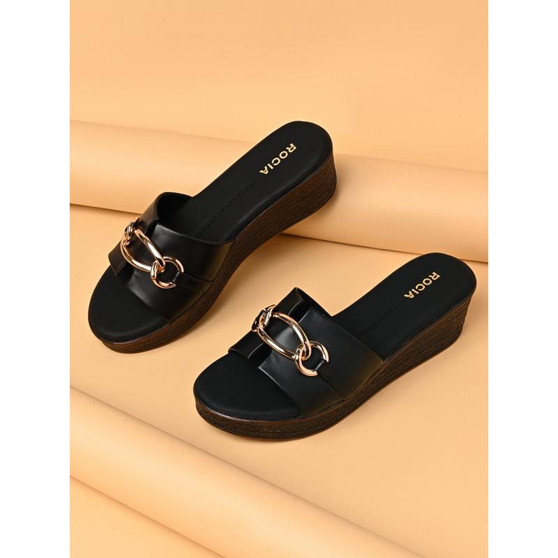 ROCIA By Regal Black Women Buckled Casual Platforms Sandals (EURO 37)