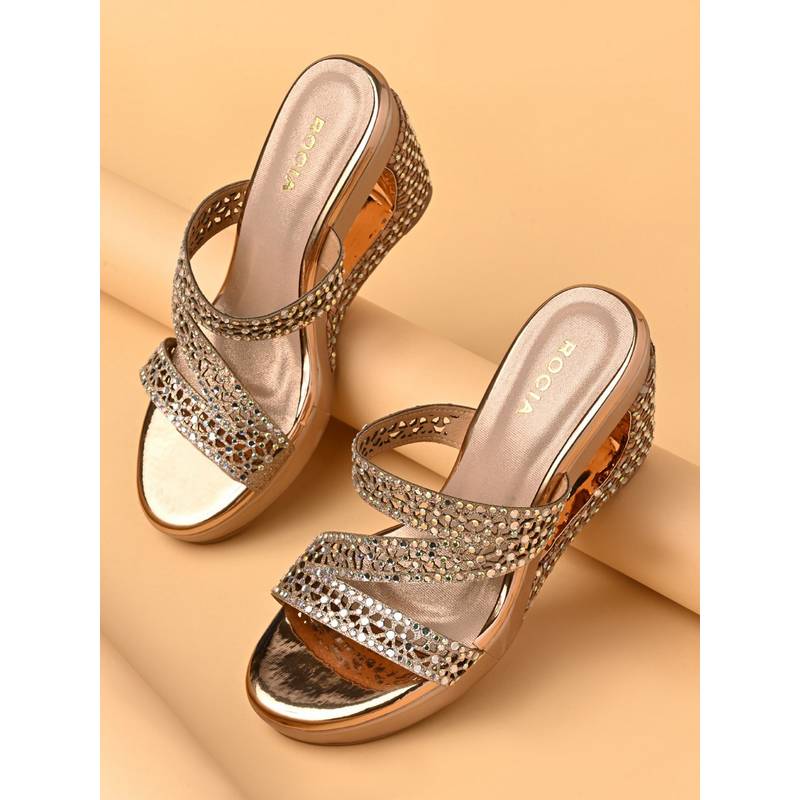 ROCIA By Regal Rose Gold Women Bridal Diamond Encrusted Wedges Heels (EURO 39)