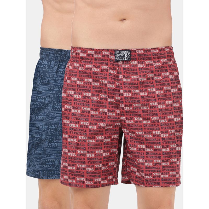 Jockey US57 Mens Cotton Woven Boxer Shorts with Side Pocket - Navy Red (Pack of 2) (M)