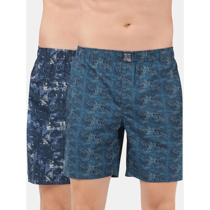 Jockey US57 Mens Cotton Woven Boxer Shorts with Side Pocket - Navy Seaport Teal (Pack of 2) (L)