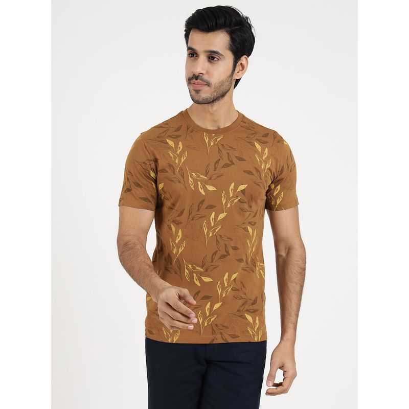 Greenfibre Men's Khaki Printed Slim Fit Half Sleeve Round Neck T-Shirt (38)