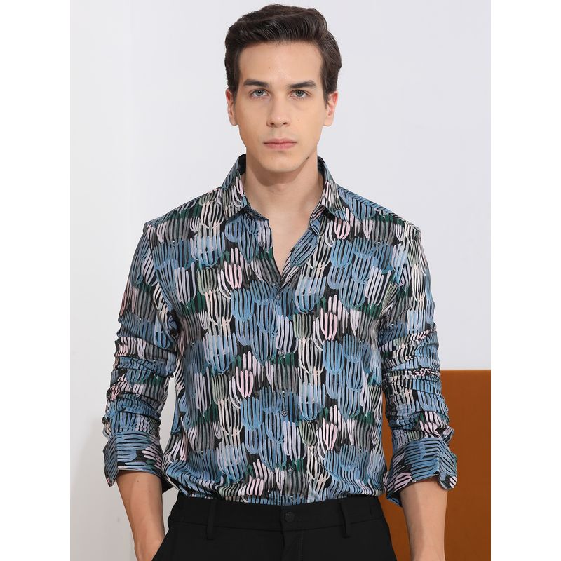 RARE RABBIT Alvin Black Printed Lycra Men Shirt (L)