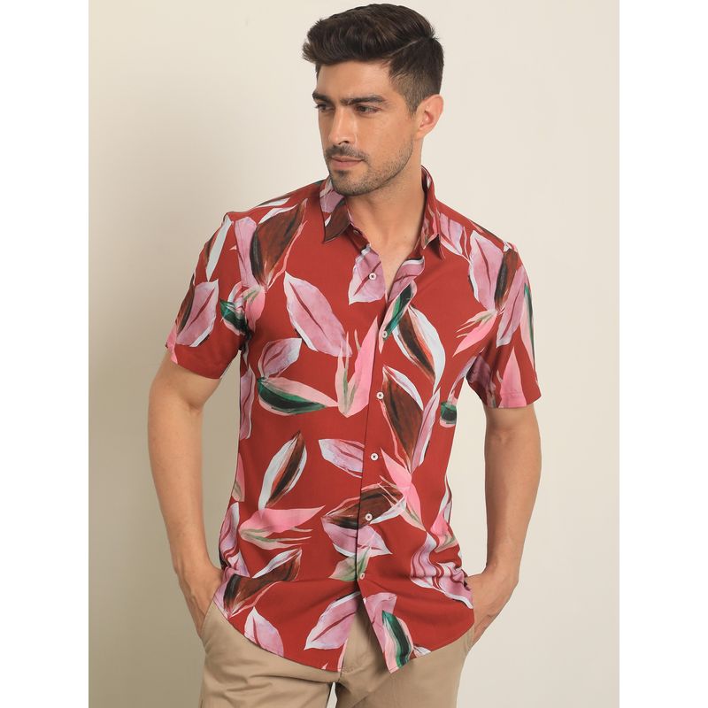 RARE RABBIT Aviot Red Leaf Printed Shirt (L)